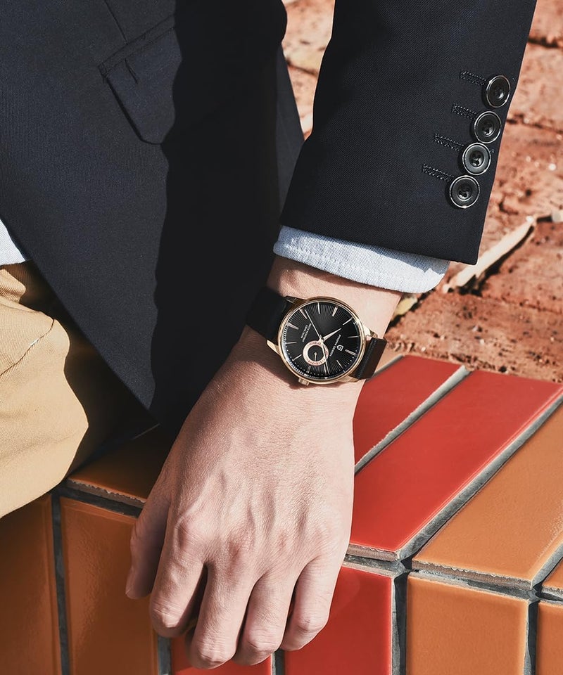 PAGANI DESIGN ساعة كواتز للرجال بتصميم باغاني، تصميم بسيط مع حزام جلد، مقاومة للماء حتى 100م، عرض التاريخ، حركة يابانية (ذهبي أسود) - Image 2